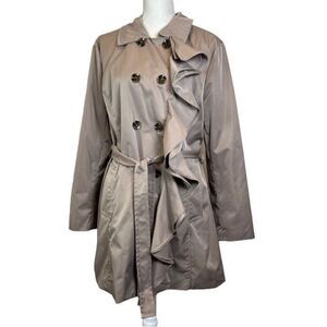 Sandro Studio Ruffle Front Trench Coat Mid Length Tan Belted Size XL